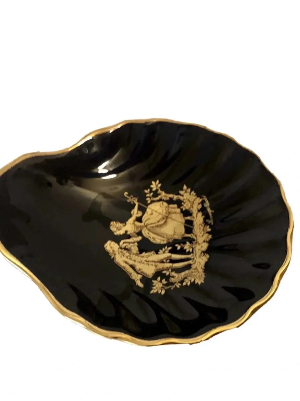 Limoges Castel France Dark Blue 22k Gold Trim Shell Dish Couple Motif